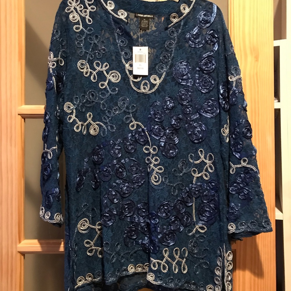 Closing closet. NWT embroidered lace embellished sheer top